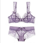 Women's Underwire Bras Padless 3,4 Cup Lace Pure Color Hook & Eye Polyester Sexy 1 set Black Purple , Plus Size , Bra & Panty Set , Plus Size